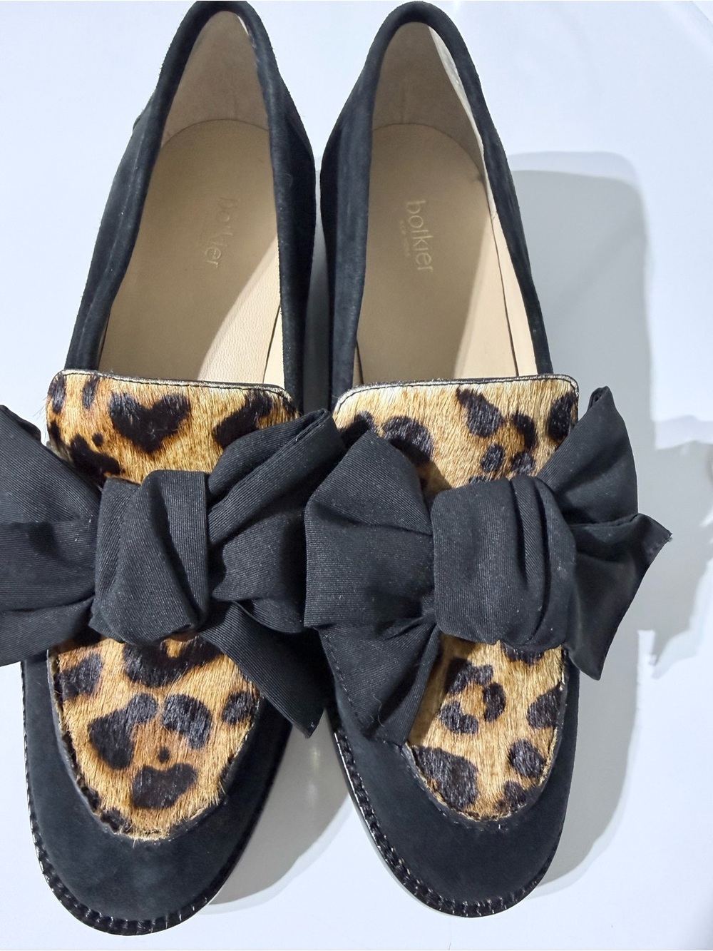 Botkier Black Loafers with Leopard Print Panel and Bow size 7